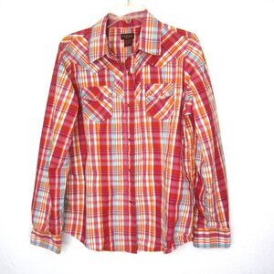 Life Style Size XL Pearl Snap Shirt Top Pink Orange Turquoise Plaid Metallic